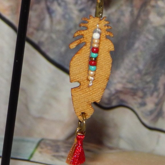 New BoHo Leather Feather Beaded Tasseled Earrings - Picture 4 of 8